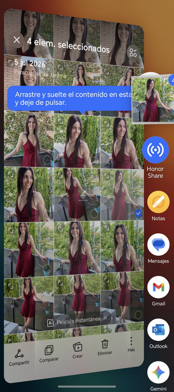 Collage de fotos de mujer con vestido rojo en terraza, opciones de compartir y aplicaciones en pantalla.