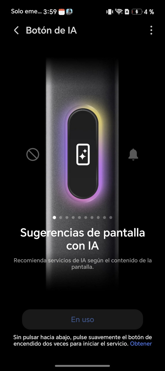 Botón de IA iluminado en pantalla de smartphone con texto de sugerencias de IA y servicios relacionados.