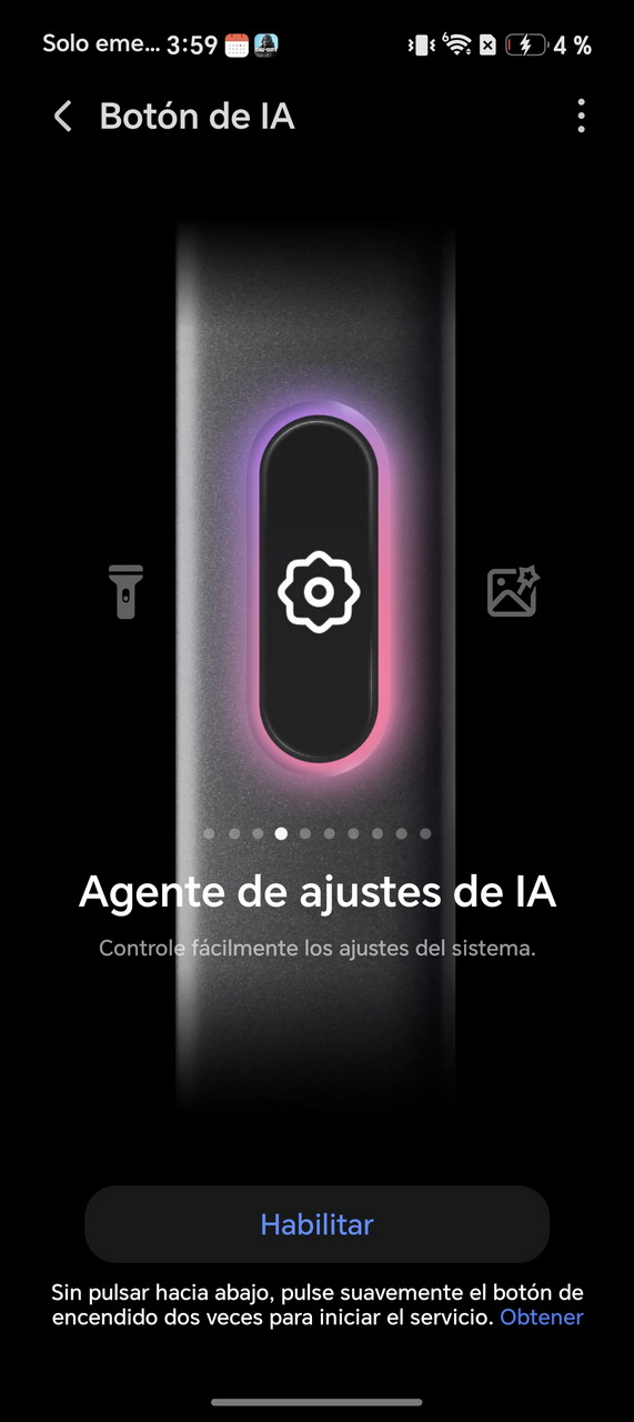 Interfaz del Botón de IA en dispositivo móvil para ajustes de sistema, destacando opción de habilitar funciones adicionales.
