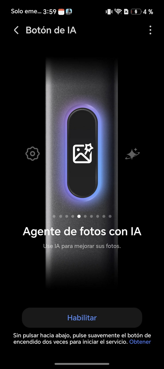 Botón de IA en pantalla, agente de fotos con inteligencia artificial para mejorar imágenes. Opción de habilitar.