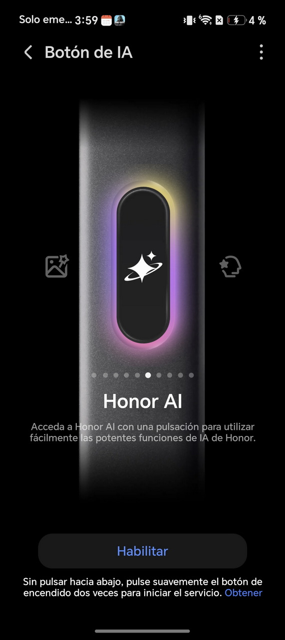 Botón de IA de Honor con luces LED, permite acceso rápido a funciones de inteligencia artificial.