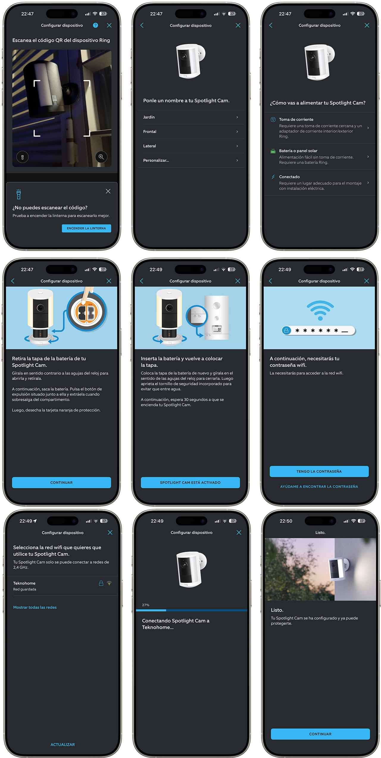 Configuración paso a paso de cámara de seguridad Ring Spotlight con QR, nombre, batería y conexión wifi.