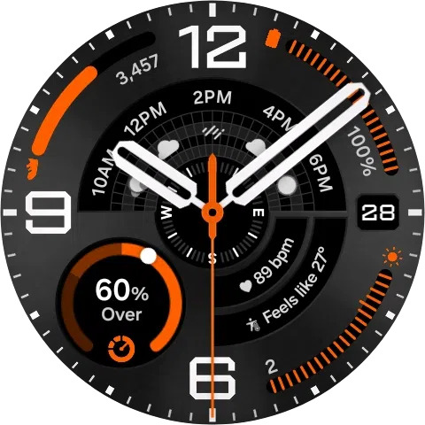 Esfera de reloj digital con indicadores de pasos, clima, fecha y batería al 60% en diseño moderno y elegante.