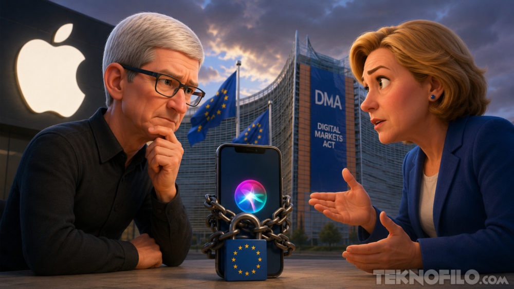 Tim Cook se reunió esta semana con la UE, pero Siri AI sigue bloqueada en los iPhone europeos Personas animadas discuten sobre Ley de Mercados Digitales frente a la UE, iPhone encadenado en medio.