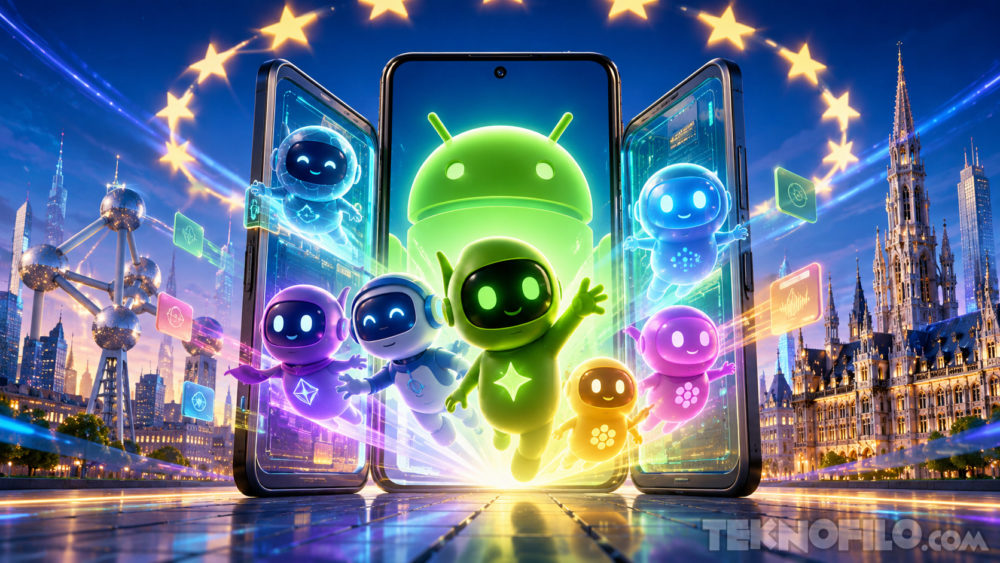 Personajes tecnológicos animados emergen de pantallas de smartphone con icono de Android en un entorno futurista.