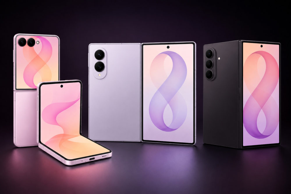 Los Samsung Galaxy Z Flip8 y Fold8 se filtran por completo antes del Unpacked Smartphones plegables en exhibición sobre fondo morado, mostrando pantallas y cámaras traseras modernas.
