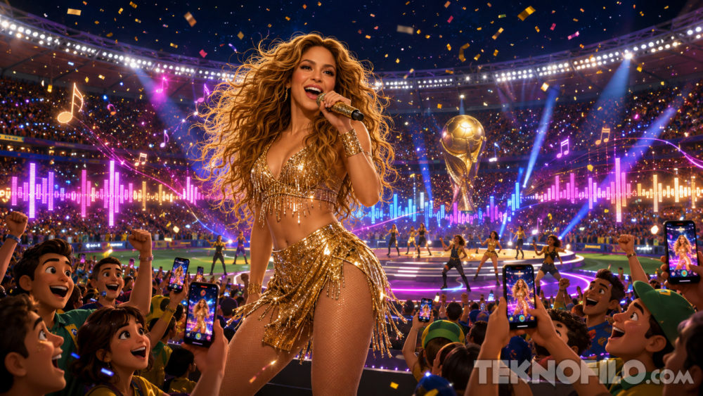 Shakira arrasa en Apple Music y Shazam tras actuar en la final del Mundial Cantante actuando en concierto, con vestuario dorado y multitud celebrando en un estadio iluminado.