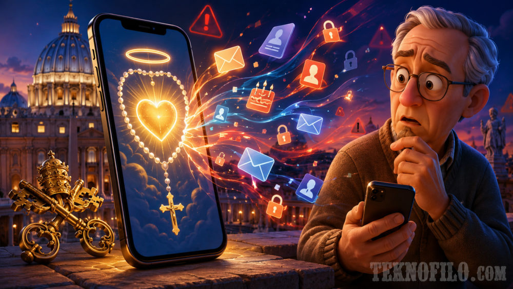 La app oficial de oración del Papa expuso los datos de casi 720.000 usuarios Teléfono con rosario digital y notificaciones; hombre sorprendido. Vaticano al fondo. Tecnología y religión.