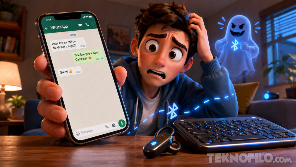 ¿El teclado de tu iPhone desaparece? Un dispositivo Bluetooth puede ser el culpable Joven sorprendido mirando pantalla de WhatsApp, teclado y gadget Bluetooth luminoso en escena animada.