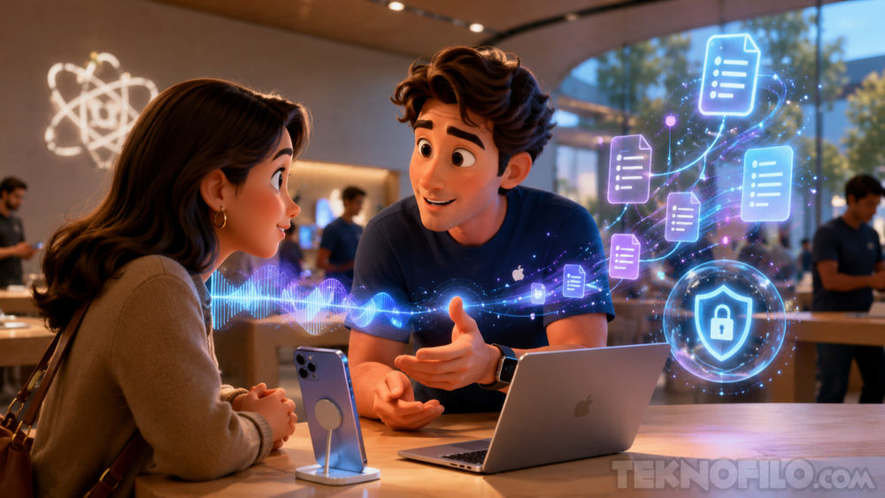 Apple prueba una IA que escucha y resume las conversaciones del Genius Bar en EE.UU. Personas conversando sobre tecnología y seguridad en una tienda de dispositivos con gráficos holográficos emergentes.