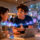 Personas conversando sobre tecnología y seguridad en una tienda de dispositivos con gráficos holográficos emergentes.