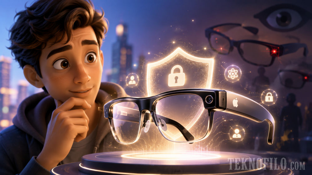 Apple retrasa sus gafas inteligentes por miedo a repetir los problemas de privacidad de Meta Joven admirando gafas inteligentes con iconos de seguridad y tecnología en fondo urbano iluminado.