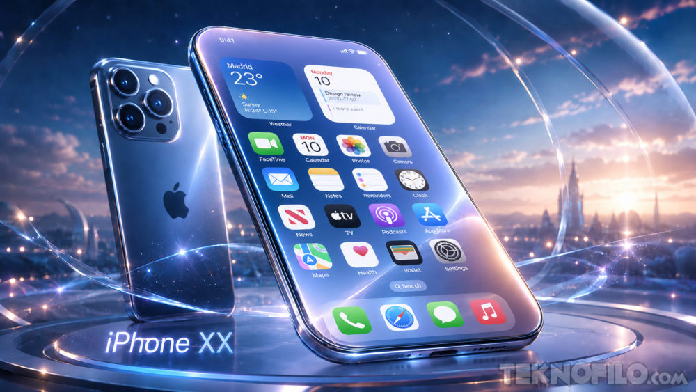 iPhone XX: así sería el espectacular móvil que Apple prepara para 2027 Futuro del iPhone: concepto de iPhone XX con pantalla avanzada y diseño innovador en paisaje futurista.