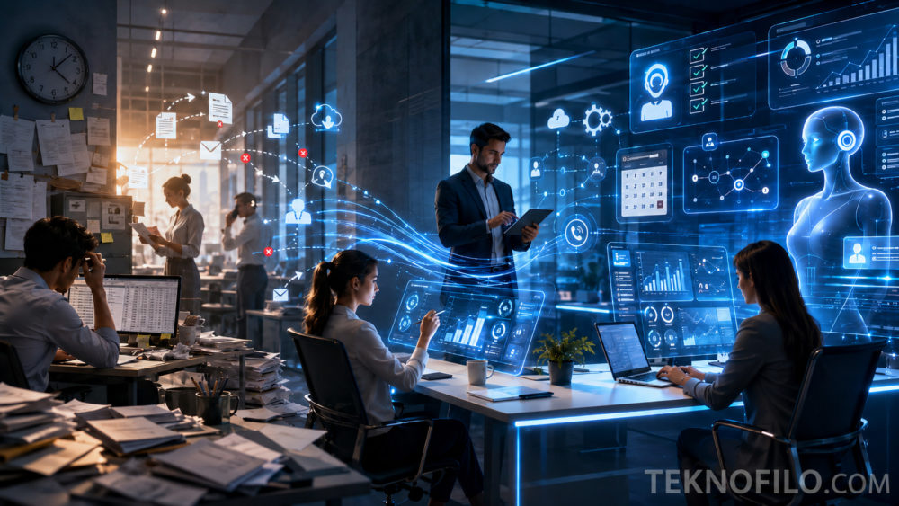 La tecnología como clave para el aumento de la eficiencia Oficina moderna con personas trabajando, gráficos digitales y hologramas de datos flotando en el aire.