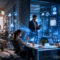 Oficina moderna con personas trabajando, gráficos digitales y hologramas de datos flotando en el aire.