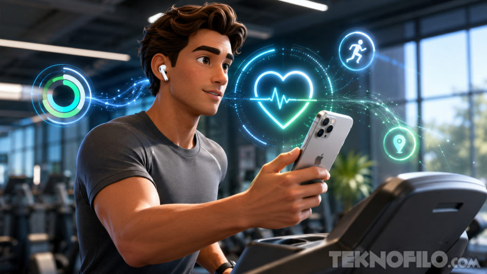 iOS 27 podría hacer innecesario el Apple Watch para registrar tus entrenamientos Usuario en gimnasio monitorea salud con smartphone y auriculares inteligentes, íconos de actividad física visibles.
