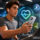 Usuario en gimnasio monitorea salud con smartphone y auriculares inteligentes, íconos de actividad física visibles.