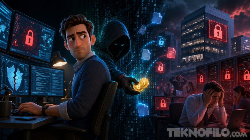 Contrataron a un negociador de ransomware y resultó que trabajaba para los atacantes Ilustración de hacker robando bitcoins mientras se infiltra en un sistema de seguridad informática con alertas rojas.