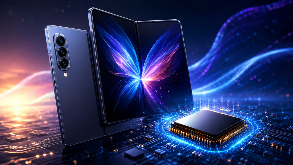 El Snapdragon del Galaxy Z Fold8 tendría una NPU optimizada para Galaxy AI Teléfono plegable futurista con pantalla abierta y procesador avanzado sobre una placa de circuito luminoso.