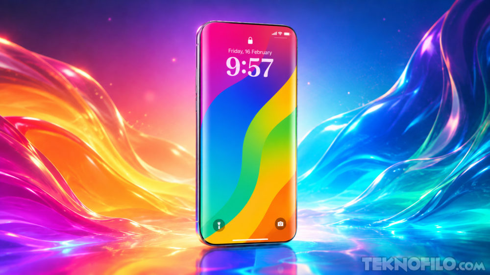 Smartphone con pantalla holográfica en un fondo colorido y vibrante de tonos arcoíris. Ideal para tecnología avanzada.