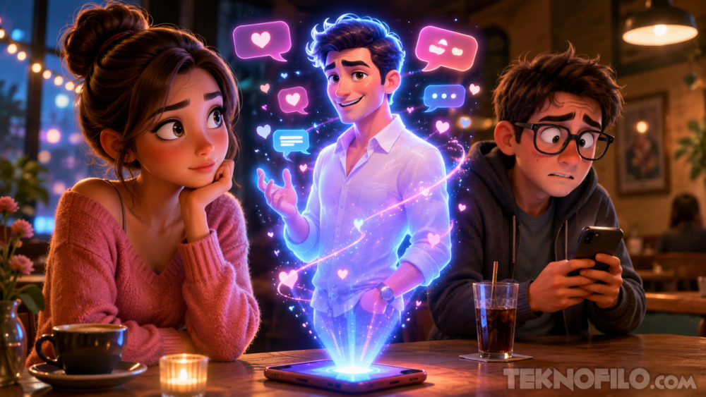Chatfishing: la nueva forma de engañar en las aplicaciones de citas con ChatGPT Pareja conversando con personaje holográfico en un café, un chico preocupado observa. Ilustración animada colorida.