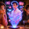 Chatfishing: la nueva forma de engañar en las aplicaciones de citas con ChatGPT Pareja conversando con personaje holográfico en un café, un chico preocupado observa. Ilustración animada colorida.