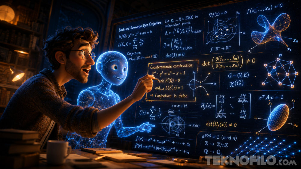 Mientras España ganaba el Mundial, una IA resolvió una conjetura matemática de hace 87 años Persona y robot analizan fórmulas matemáticas complejas en un tablero digital iluminado en una biblioteca.