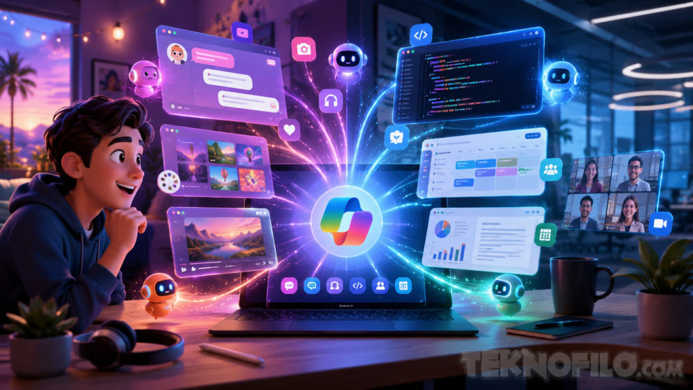 Microsoft prepara una superapp de Copilot que reunirá chat, programación y agentes Joven entusiasta explorando aplicaciones digitales en una laptop con hologramas y robots virtuales en un entorno moderno.