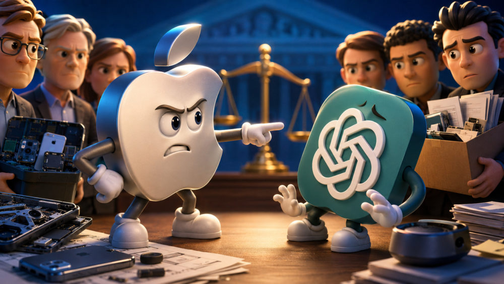 Apple declara la guerra a OpenAI: la acusa de robar secretos del iPhone Dos personajes animados de logos tecnológicos discuten frente a una balanza de justicia en una ilustración humorística.