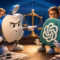 Dos personajes animados de logos tecnológicos discuten frente a una balanza de justicia en una ilustración humorística.