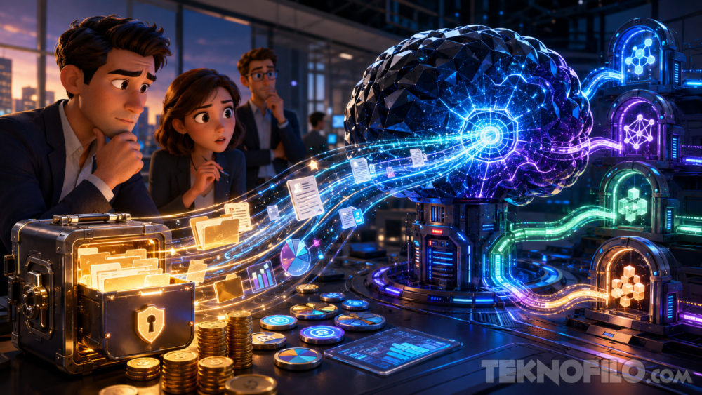 El CEO de Microsoft lanza una inquietante advertencia sobre la IA a las empresas Personajes animados analizan datos y gráficos junto a un cerebro digital futurista.