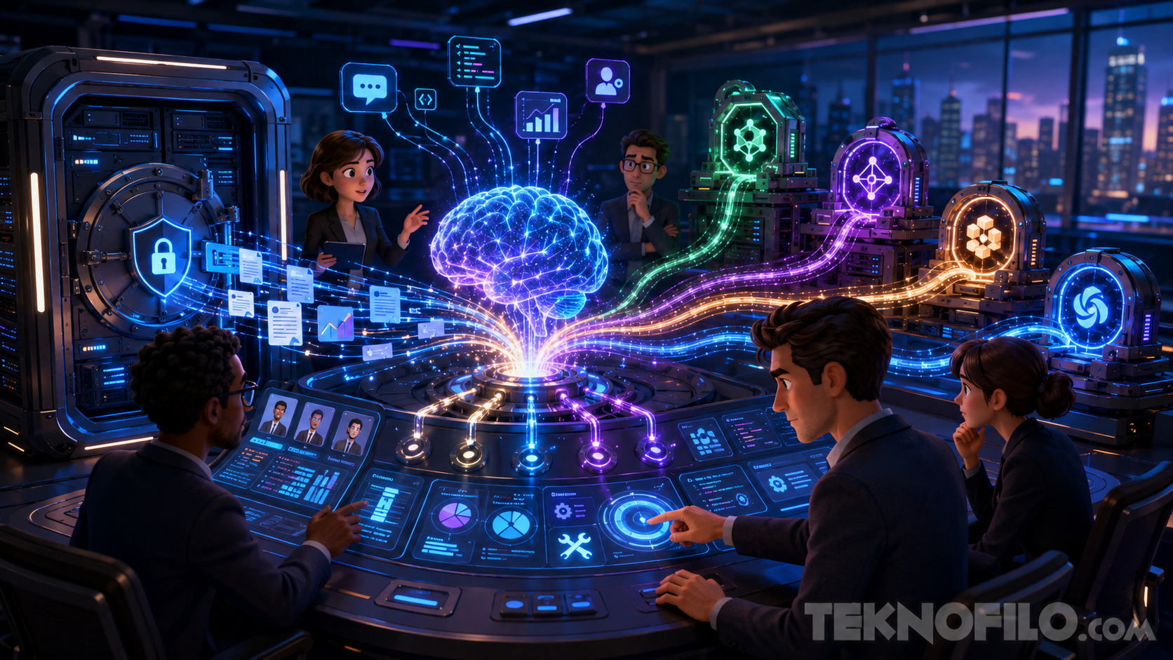 Personas analizan inteligencia artificial en un centro de datos futurista con una interfaz visual avanzada.