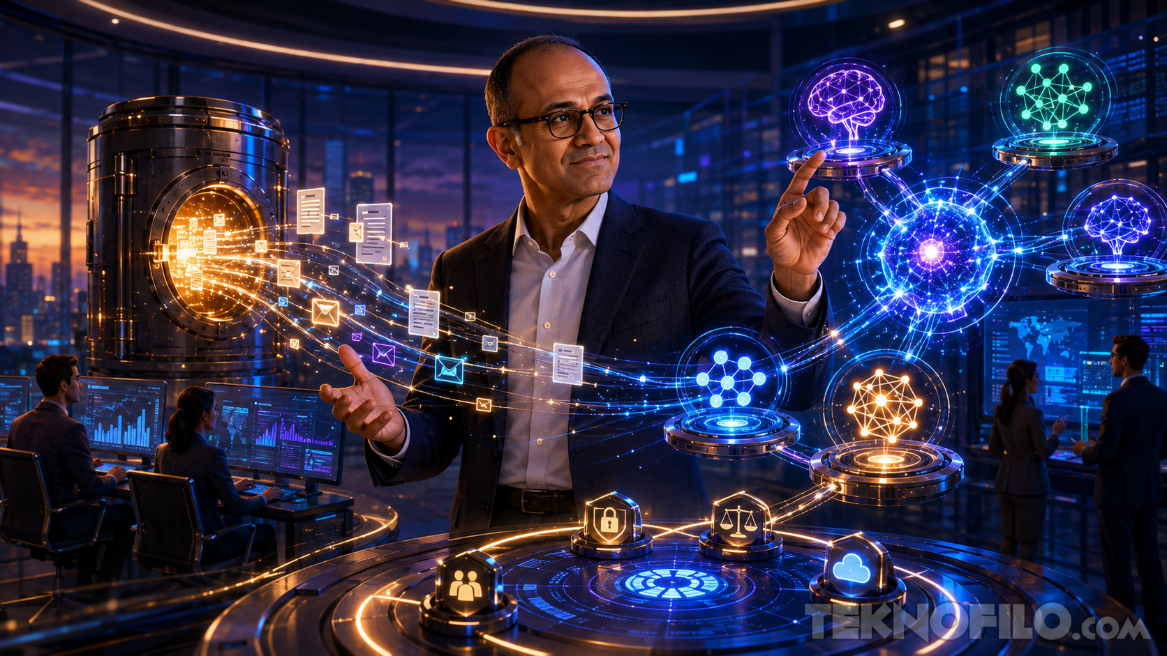 Hombre interactuando con hologramas de datos y tecnología en un entorno futurista.