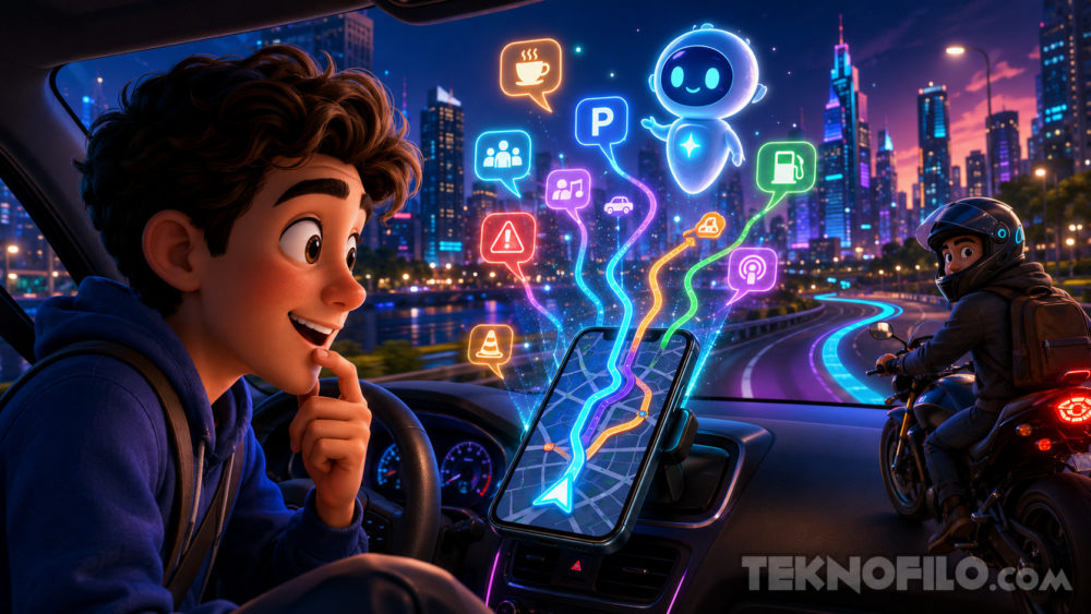 Waze estrena cinco grandes novedades: Gemini, rutas personalizadas, modo para motos y más Chico en auto con GPS holográfico y robot, ciudad futurista al fondo, motorizado al lado, conducción nocturna.