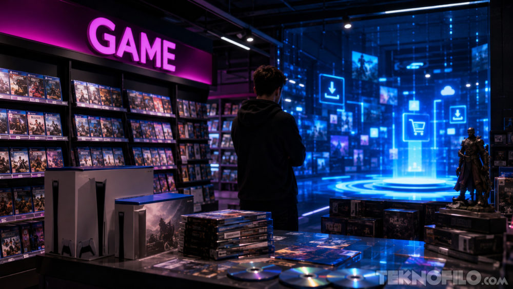 “No vamos a quedarnos de brazos cruzados”: GAME defiende el formato físico tras el anuncio de Sony Tienda de videojuegos con estanterías llenas de juegos y consola PS5, ambiente futurista y luces de neón.