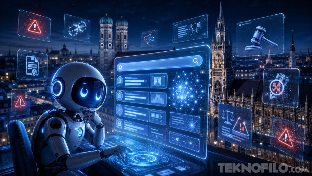 Google recibe un duro golpe legal: es responsable de lo que dicen sus resúmenes con IA Robots de inteligencia artificial analizan datos legales en una ciudad nocturna, con hologramas y símbolos de advertencia.