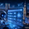 Robots de inteligencia artificial analizan datos legales en una ciudad nocturna, con hologramas y símbolos de advertencia.