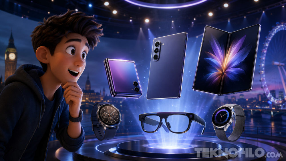 Samsung Galaxy Unpacked 2026: horario, cómo verlo y novedades esperadas Animación de joven admirando teléfonos plegables, relojes inteligentes y gafas tecnológicas con fondo urbano iluminado.