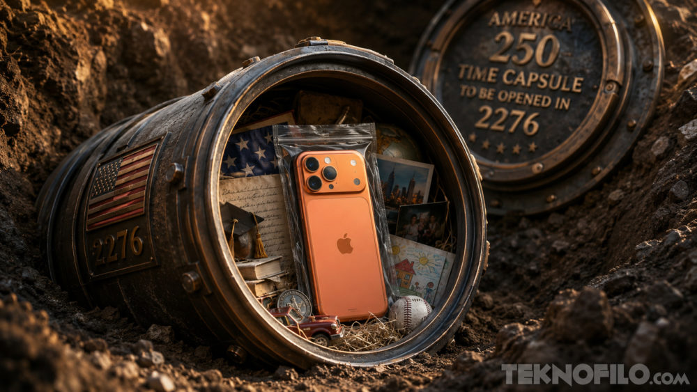 Encierran un iPhone 17 Pro Max en una cápsula del tiempo que no se abrirá hasta 2276 Cápsula del tiempo abierta en 2276, revela iPhone dorado y recuerdos americanos.