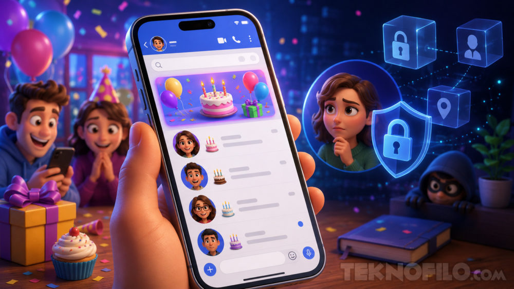 WhatsApp prepara avisos de cumpleaños, pero hay un detalle de privacidad preocupante Personas celebrando cumpleaños con emojis en chat móvil, fondos de seguridad digital y regalos coloridos.