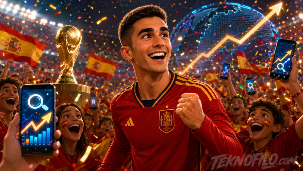La manga larga de Ferran Torres se dispara un 980% en las búsquedas de Google Jugador de fútbol español celebrando con copa y gráficos de éxito, rodeado de aficionados con banderas de España.