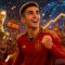 La manga larga de Ferran Torres se dispara un 980% en las búsquedas de Google Jugador de fútbol español celebrando con copa y gráficos de éxito, rodeado de aficionados con banderas de España.