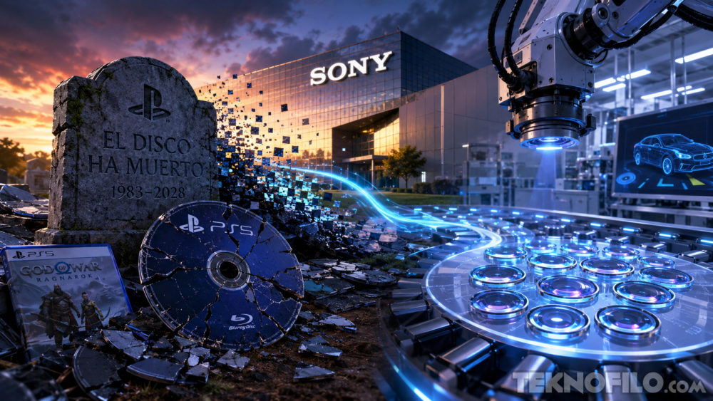 Sony ya reconvierte su principal fábrica de discos de PlayStation Tumba de discos PS5 con texto El Disco ha Muerto y fábrica de tecnología avanzada de Sony al fondo.