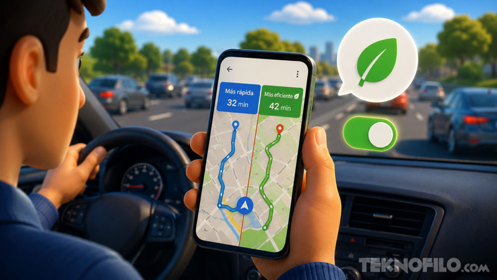 Por qué Google Maps ya no siempre elige la ruta más rápida y cómo arregarlo Conductor eligiendo ruta eco-amigable en GPS para evitar tráfico en carretera, usando mapa en móvil.
