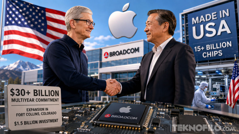 Apple y Broadcom sellan un acuerdo histórico para producir 15.000 millones de chips en EE. UU. Ejecutivos estrechando manos por inversión de Apple y Broadcom en chips fabricados en EE.UU., con bandera de fondo.