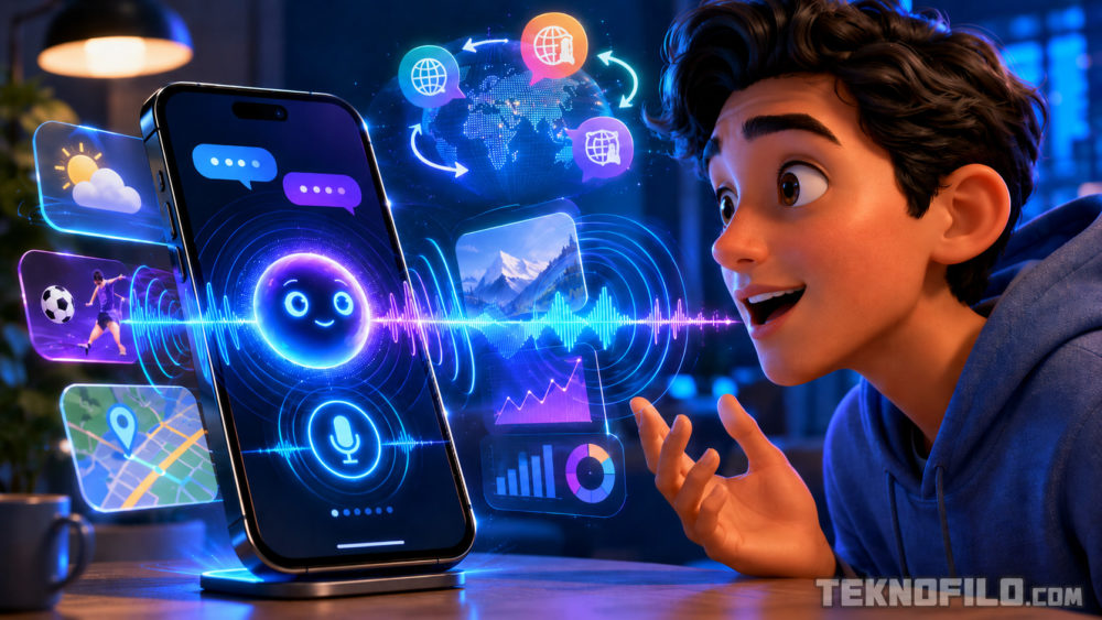 ChatGPT estrena GPT-Live: la IA por voz ahora escucha y responde al mismo tiempo Joven interactúa con asistente virtual en smartphone, rodeado de íconos digitales y gráficos futuristas.