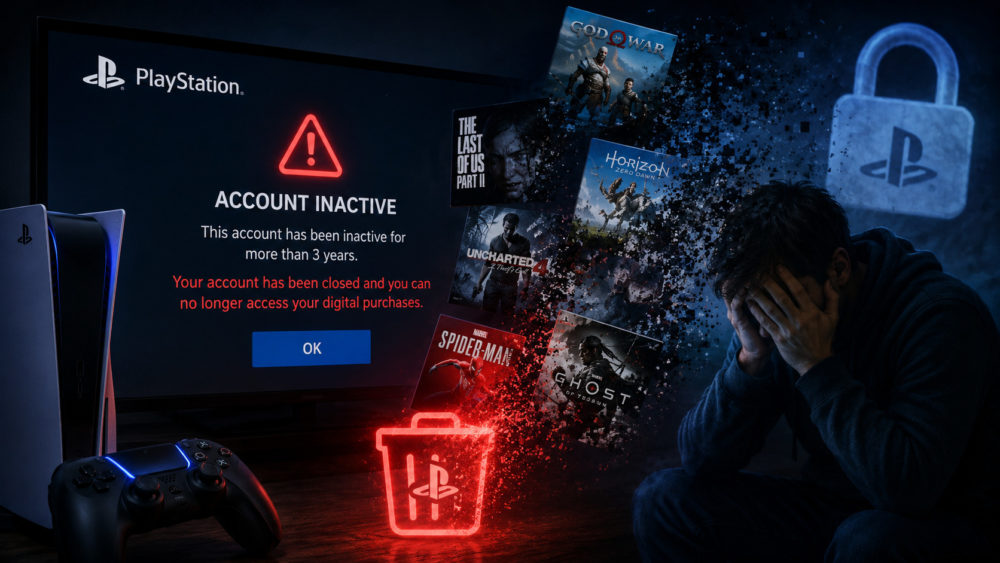 Sony puede borrar todos tus juegos de PlayStation tras 3 años de inactividad Cuenta de PlayStation inactiva, juegos perdidos, usuario frustrado frente a pantalla con mensaje de advertencia.