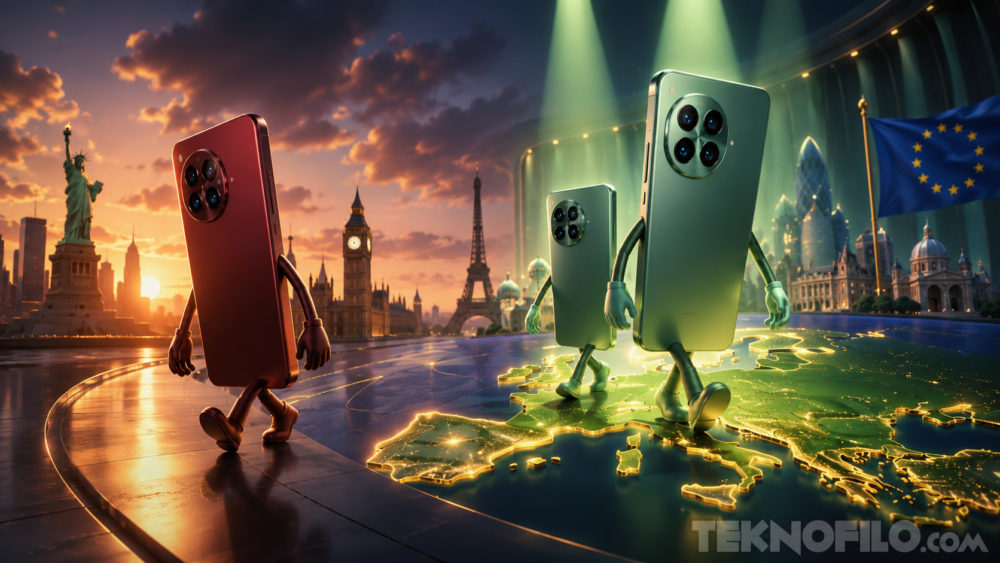 Es oficial: OnePlus abandona Europa y Estados Unidos Smartphones caminando sobre mapa de Europa con monumentos icónicos al atardecer. Tecnología y globalización.