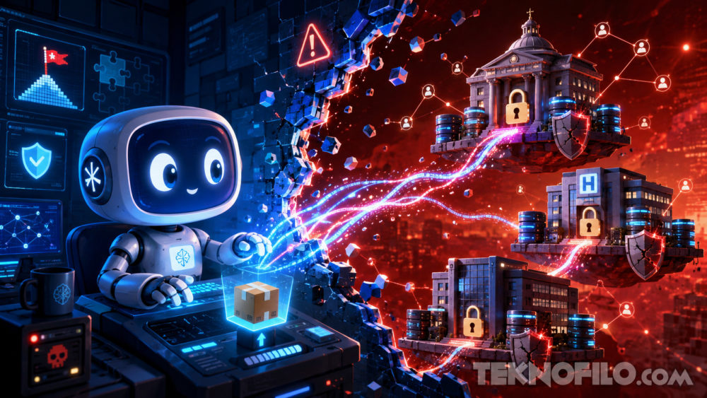 Pequeño robot cibernético controla datos protegidos, con visualización de seguridad y criptografía.