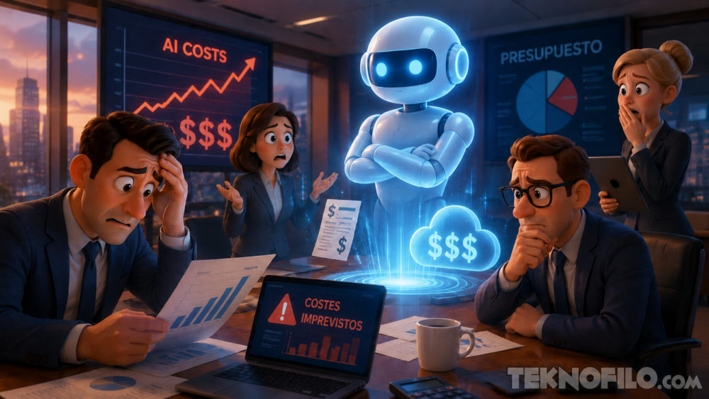 La IA prometía ahorrar dinero, pero algunas empresas ya sufren el efecto contrario Reunión sobre costes de IA en aumento, ejecutivos preocupados y un robot holográfico en la oficina.